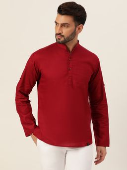 JAVINISHKA - Premium Maroon Textured Cotton Linen Short Kurta