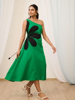 MoonTara - Green One Shoulder Patch Work Floral Dress