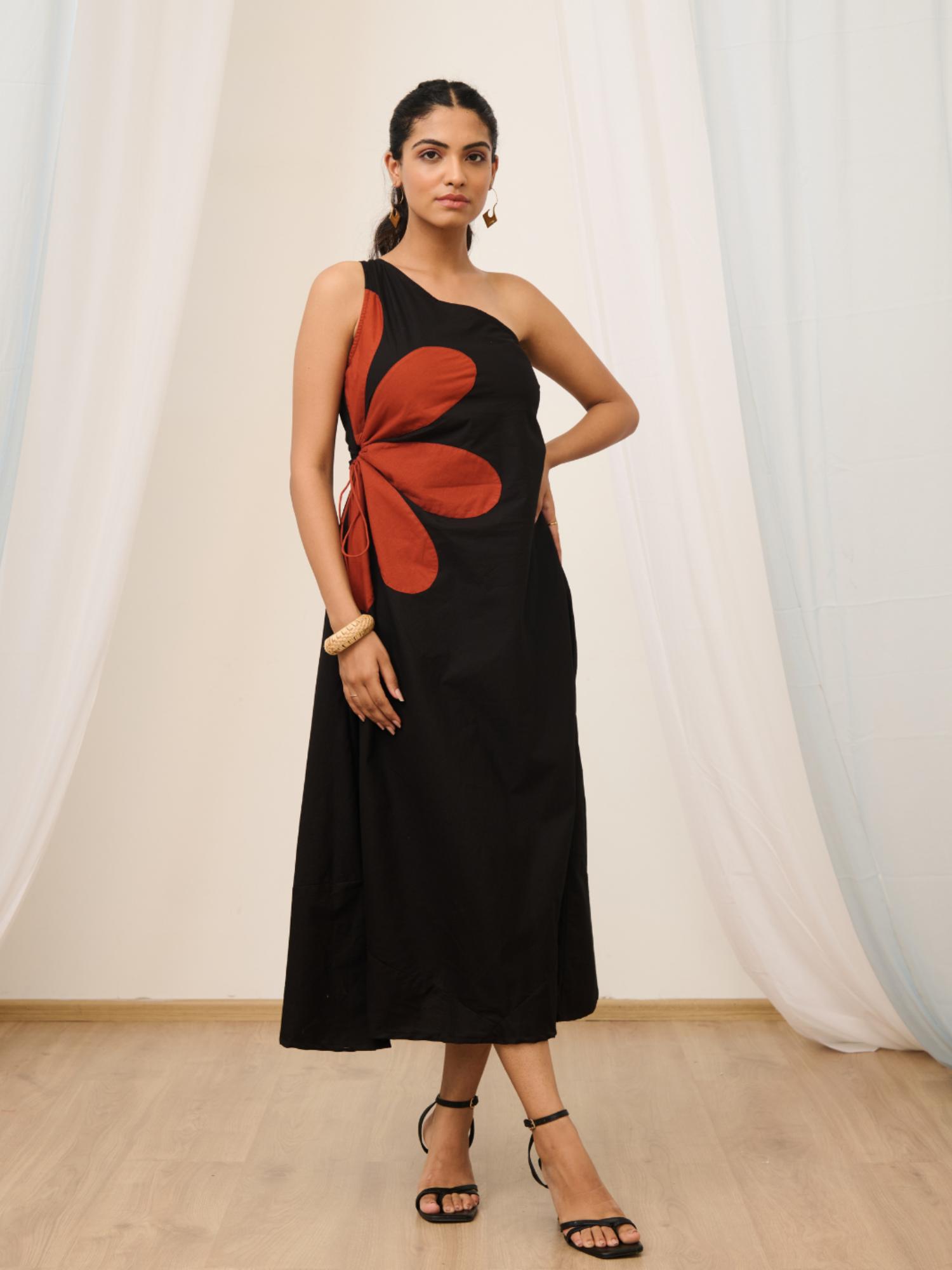 Black One Shoulder Patch Work Floral Dress-image-11