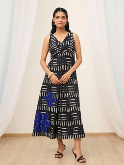 MoonTara - Black Printed Sleeveless A-Line Embroidered Floral Dress