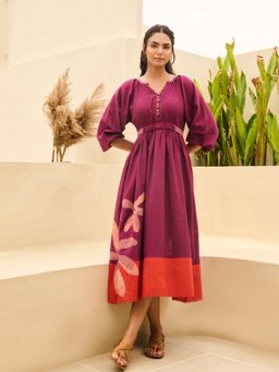 MoonTara - Wine Colour Cotton Embroidered Midi Dress with Balloon Sleeves