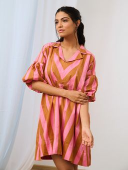 MoonTara - Pale Pink Striped Printed Short Dress with Collar Neck