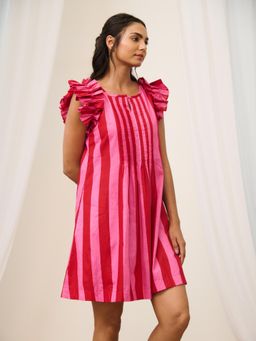 MoonTara - Pink Striped Printed Short Dress with Ruffled Sleeves