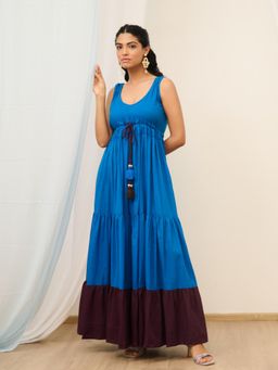 MoonTara - Blue Cotton Sleeveless Flared Maxi Dress