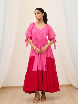 MoonTara - Pink Cotton Voile Flared Maxi with Balloon Sleeves