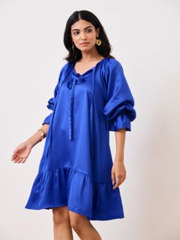 MoonTara - Blue Cotton Satin Short Party Dress
