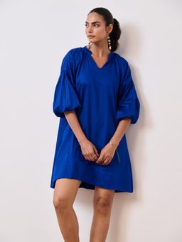 MoonTara - Blue Cotton Satin Short Party Dress with Balloon Sleeves