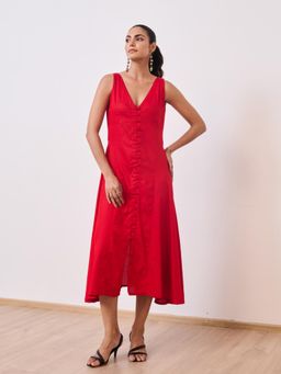 MoonTara - Deep Red Cotton Satin Sleeveless Party Dress