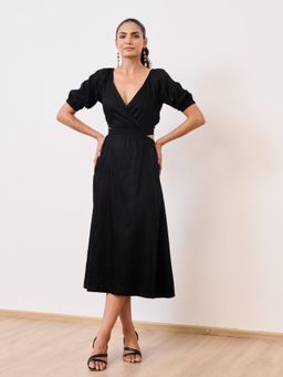 MoonTara - Black Cotton Satin Party Midi Dress