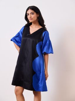 MoonTara - Blue Cotton Satin V-Neck Short Party Dress