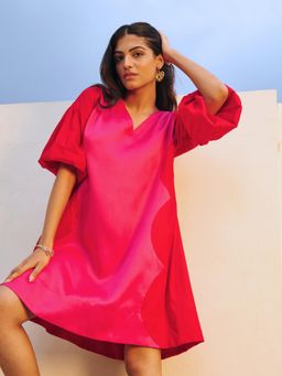 MoonTara - Pink Cotton Satin V-Neck Short Party Dress