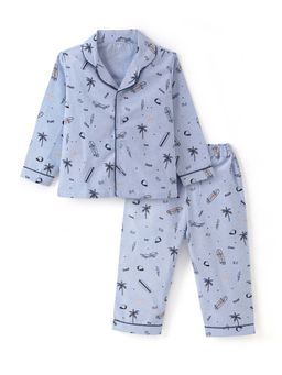 FUNKRAFTS - Kids Full Sleeves Printed Collar Style Night Suit - Blue (Set of 2)