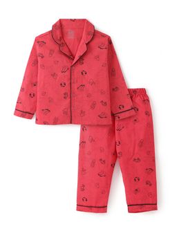 FUNKRAFTS - Kids Full Sleeves Car Printed Collar Style Night Suit - Red (Set of 2)