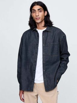 GAP - Men Denim Navy Blue Spread Collar Full Sleeve Shirt