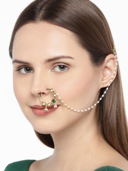 Accessher - Gold-Plated Handcrafted Kundan Stone-Studded Chained Nose Ring