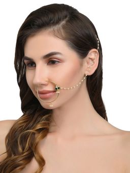 Accessher - Women Gold-Plated & Off-White Oxidised Stone & Pearl Embellished Nose Ring
