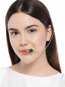 Accessher - Gold-Toned & Green Stone Nose Ring With Chain