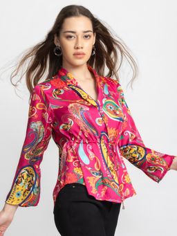 SHAYE - Yellow and Blue Floral Printed Three-Quarter Sleeves Casual Shirt for Women