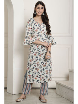 Rajnandini - Womens White Rayon Jaipuri Printed Kurta with Pant (Set of 2)