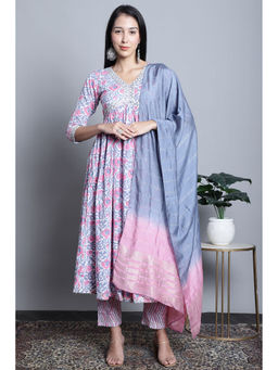 Rajnandini - Womens Pink Pure Cotton Jaipuri Printed Kurta Pant with Dupatta (Set of 3)