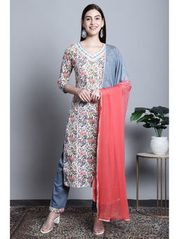 Rajnandini - Womens White Pure Cotton Jaipuri Printed Kurta Pant with Dupatta (Set of 3)