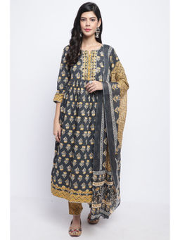 Rajnandini - Womens Grey Pure Cotton Jaipuri Printed Kurta Pant with Dupatta (Set of 3)