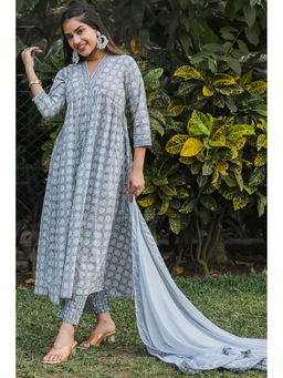Rajnandini - Womens Grey Pure Cotton Jaipuri Printed Kurta Pant with Dupatta (Set of 3)