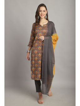 Rajnandini - Womens Grey Pure Cotton Jaipuri Printed Kurta Pant with Dupatta (Set of 3)