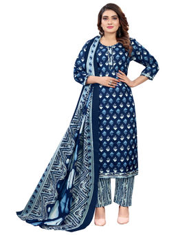 Rajnandini - Womens Navy Blue PC Cotton Jaipuri Printed Kurta Pant with Dupatta (Set of 3)