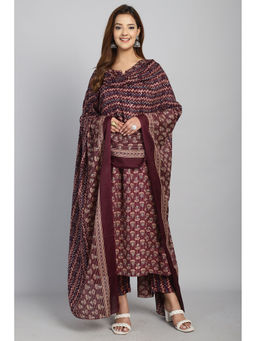 Rajnandini - Womens Wine Cotton Jaipuri Printed Kurta Pant with Dupatta (Set of 3)