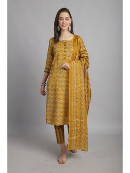 Rajnandini - Womens Mustard Cotton Foil Print Kurta Pant with Dupatta (Set of 3)
