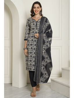 Rajnandini - Womens Grey Cotton Blend Floral Printed Kurta Pant with Dupatta (Set of 3)