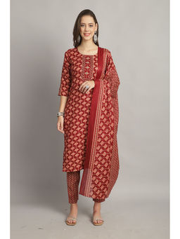 Rajnandini - Womens Maroon Cotton Foil Print Kurta Pant with Dupatta (Set of 3)