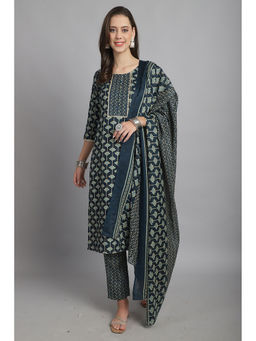 Rajnandini - Womens Green Cotton Foil Print Kurta Pant with Dupatta (Set of 3)