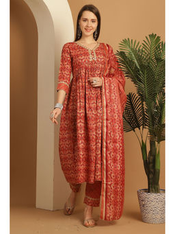 Rajnandini - Womens Rust Cotton Slub Foil Print Anarkali Kurta Pant with Dupatta (Set of 3)