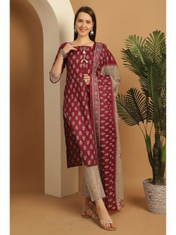 Rajnandini - Womens Wine Cotton Foil Print Kurta Pant with Dupatta (Set of 3)