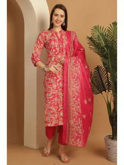 Rajnandini - Womens Pink Cotton Blend Floral Printed Kurta Pant with Dupatta (Set of 3)