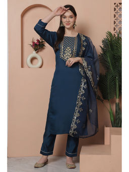 Rajnandini - Womens Teal Poly Silk Zari Embroidered Kurta Pant with Dupatta (Set of 3)