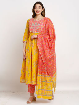 Rajnandini - Womens Yellow Pure Cambric Cotton Embroidered Kurta Pant with Dupatta (Set of 3)
