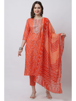 Rajnandini - Womens Orange Jaipuri Printed Embellished Kurta Pant with Dupatta (Set of 3)