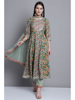 Rajnandini - Womens Green Pure Cotton Embroidered Kurta Pant with Dupatta (Set of 3)