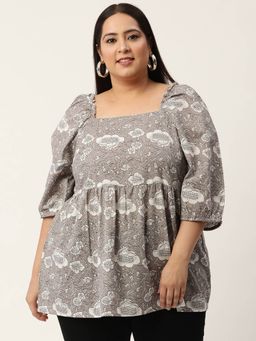 theRebelinme - Womens Grey Monotone Floral Printed Cotton Top