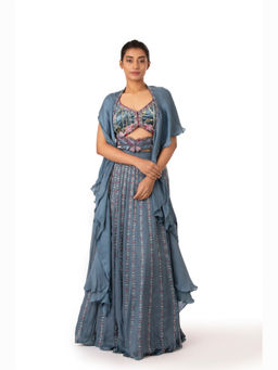 kshitij choudhary - Izel Blue Embroidered Lehenga & Blouse With Dupatta