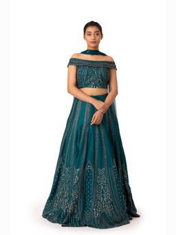 kshitij choudhary - Niran Teal Embroidered Lehenga & Blouse With Dupatta