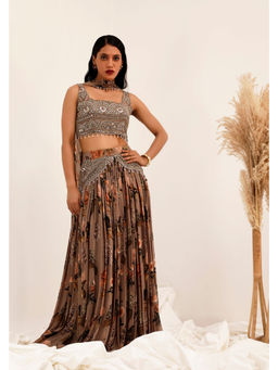 SURKH SYAHI - Aaina Grey Chinon Floral Mirror Work Blouse with Lehenga and Dupatta