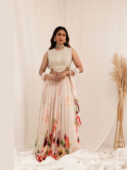 SURKH SYAHI - Gul Dasta Beige Chinon Floral Embroidered Blouse with Lehenga and Dupatta