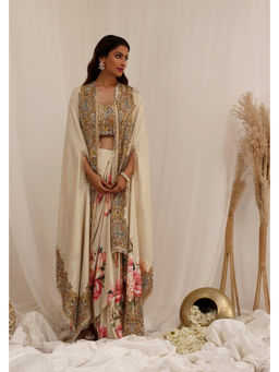 SURKH SYAHI - Gul Kand Beige Muslin Embellished Blouse with Cape and Draped Skirt