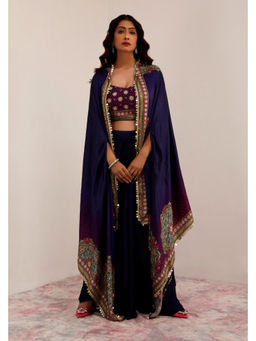 SURKH SYAHI - Kaashni Navy Blue Cotton Silk Embellished Blouse with Cape and Draped Skirt