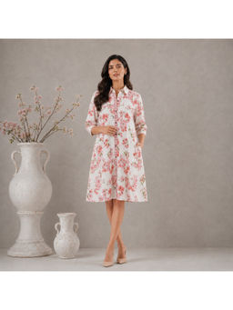 Spring Soul - Pink Flax Printed Shirt Dress with Pockets