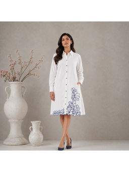 Spring Soul - White Cotton Floral Embroidered Shirt Dress with Pockets
